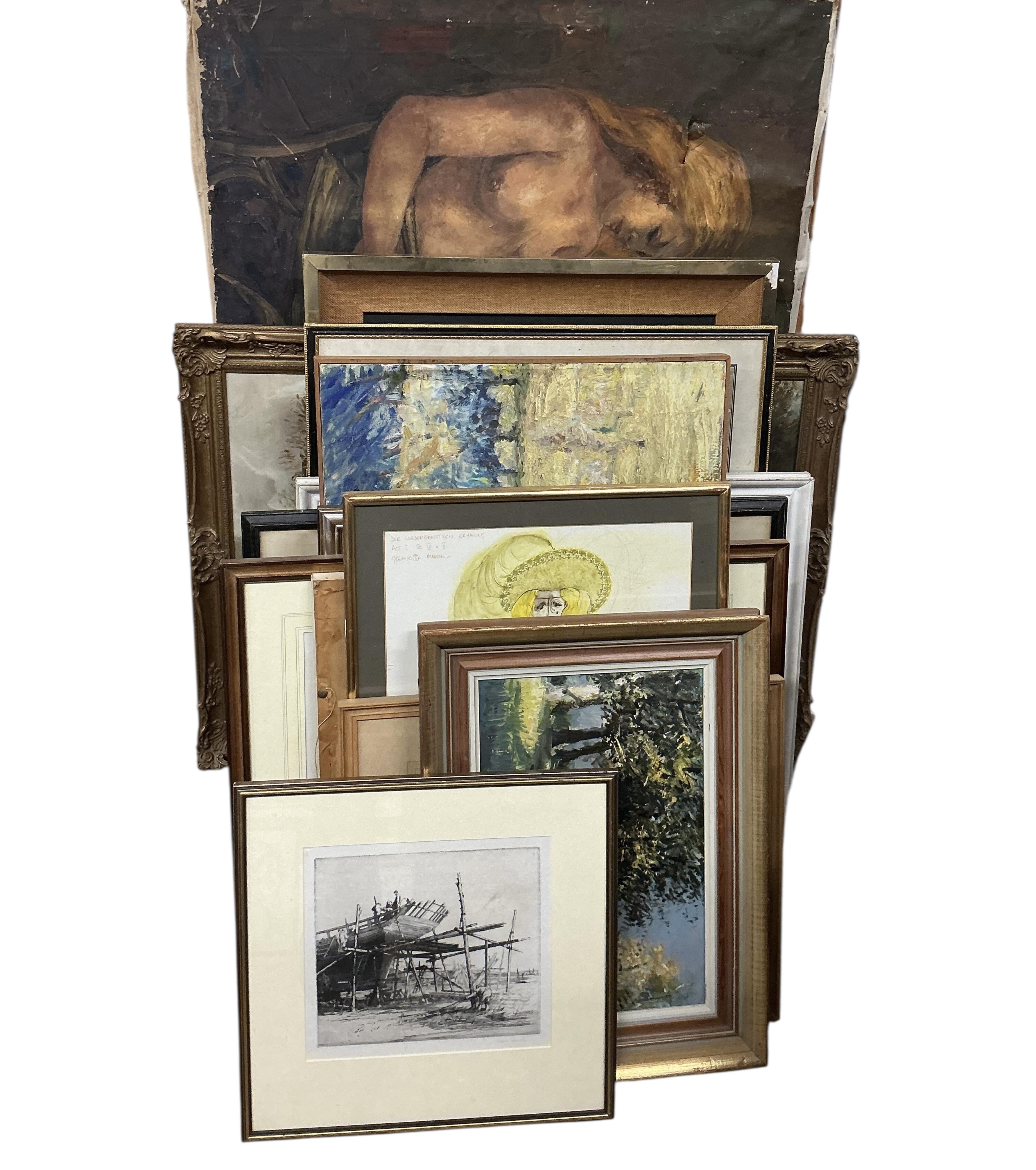 A quantity of assorted watercolours, prints and oils